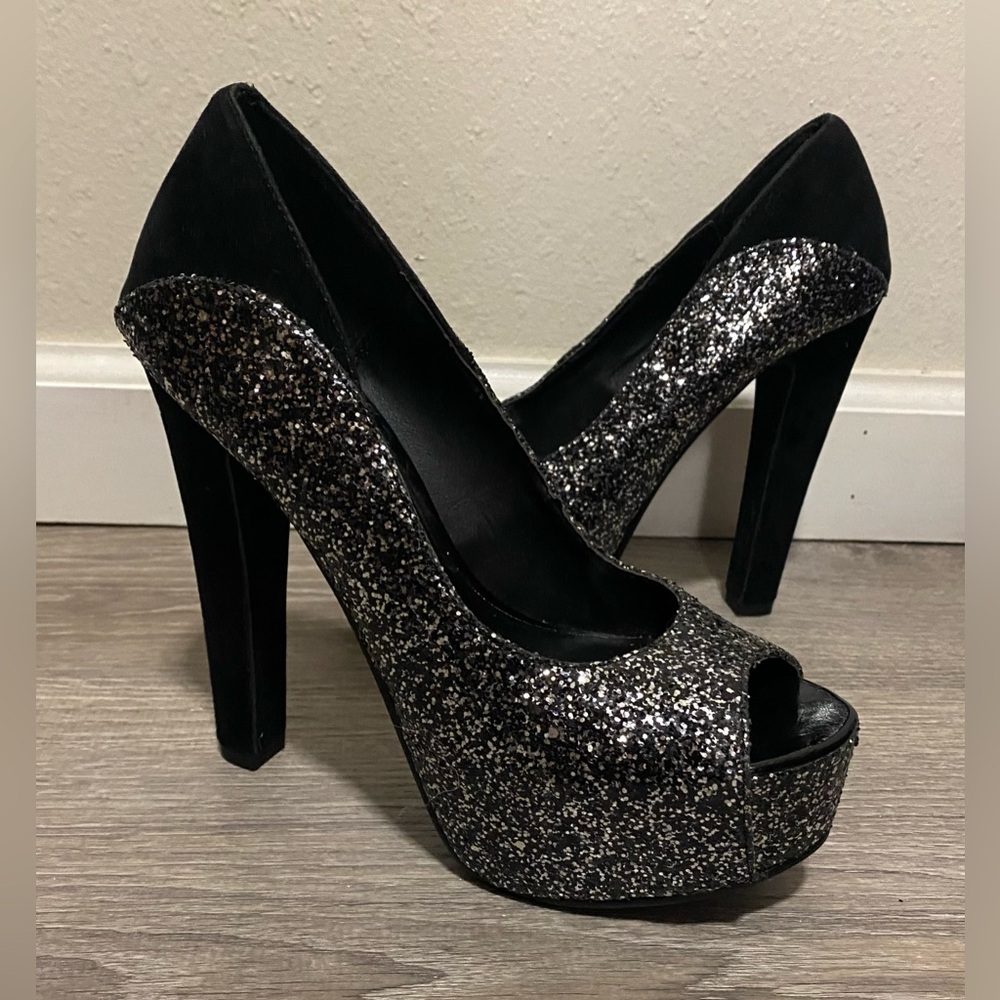 Michael Antonio Glitter Peep Toe Platform Heels - Picture 2 of 8